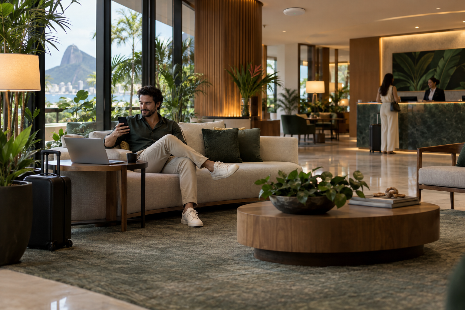 Hóspede utilizando seu celular em um ambiente de hotel
